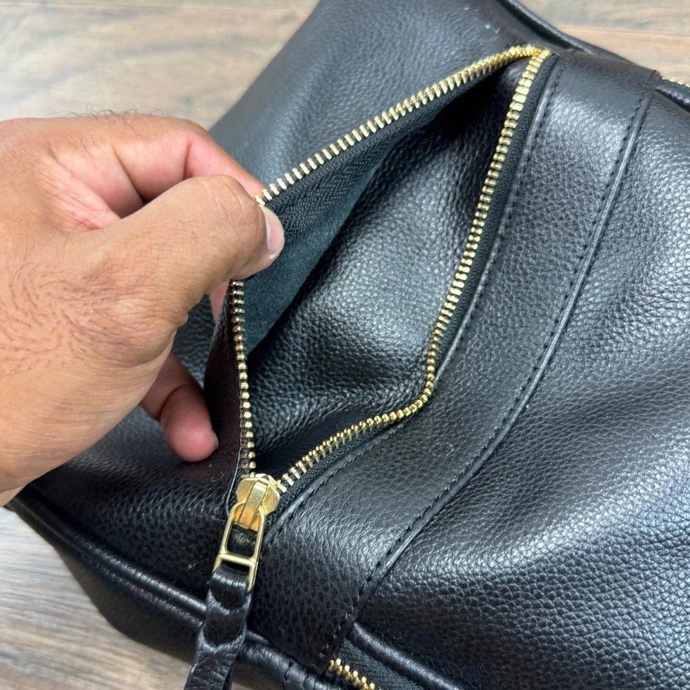 Classic Black Leather Backpack with Gold Hardware
